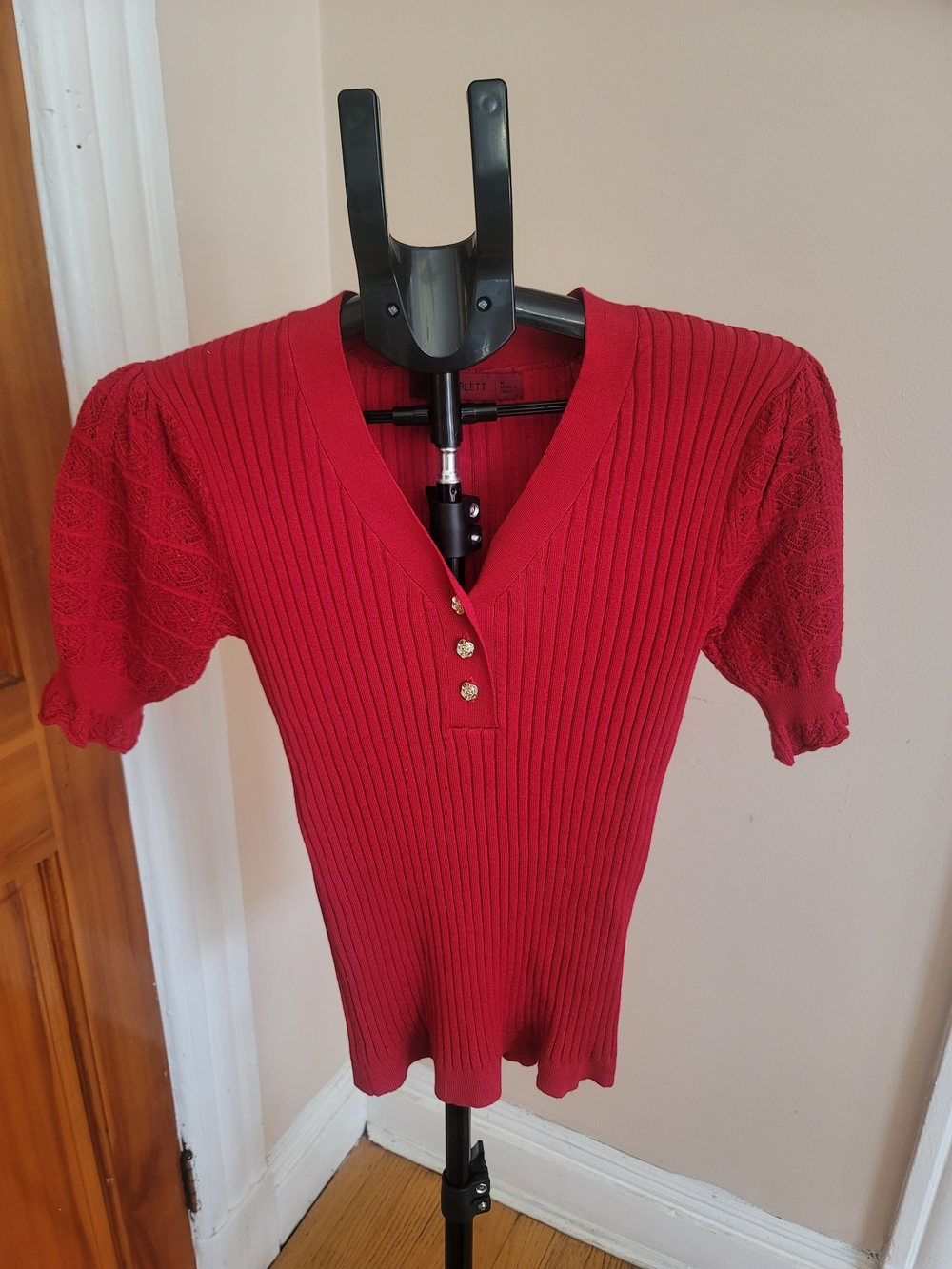 Ribbed Red V-Neck Button Knit Top